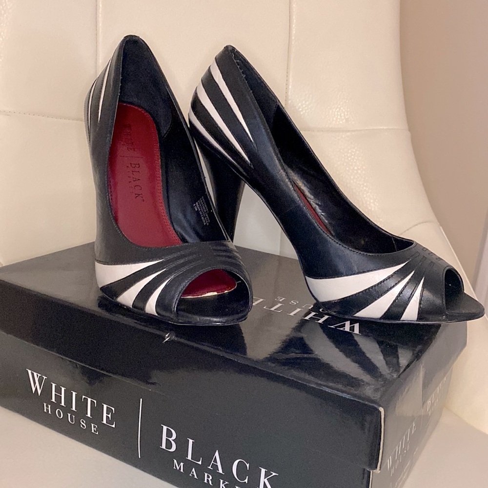 White House Black Market black and white leather pumps